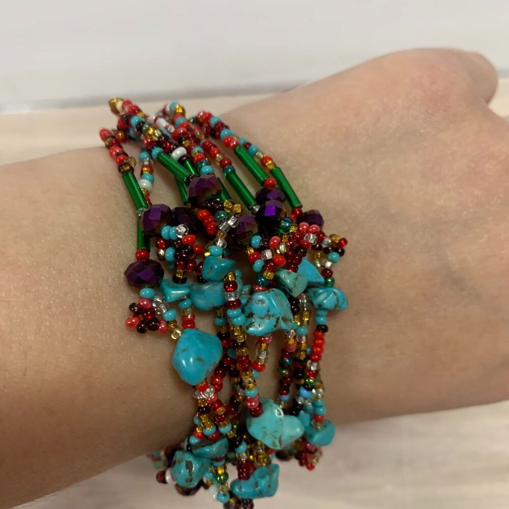 Glass Beaded Turquoise Multistrand Bracelet Beaded Toggle - Picture 7 of 11